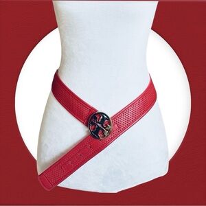 Elegant Red Perforated Belt With Golden  Buckle